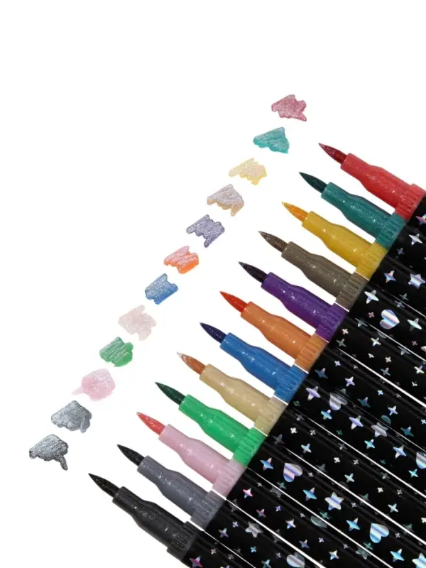 Фломастеры 12 штук, 24 цвета, с блёстками, двусторонние, в пластиковой коробке