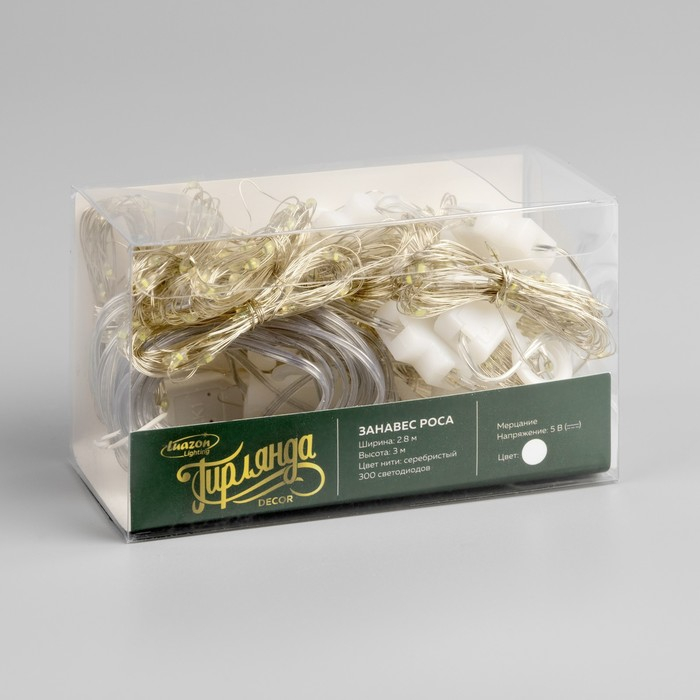 Гирлянда «Занавес» 2.8 × 3 м роса на крючках, IP20, серебристая нить, 300 LED, свечение белое, мерцание, USB Гирлянда «Занавес» 2.8 × 3 м роса на крючках, IP20, серебристая нить, 300 LED, свечение белое, мерцание, USB