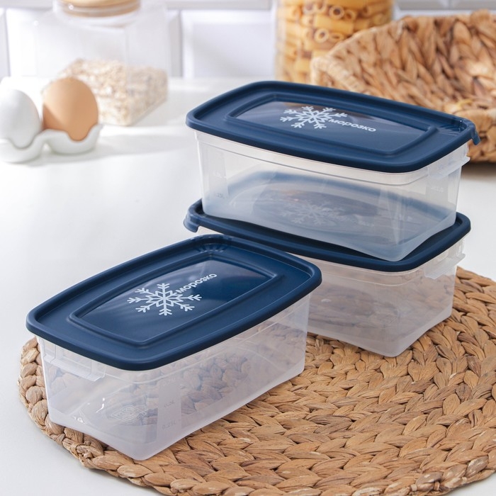 Набор прямоугольных контейнеров для замораживания продуктов «Морозко», 1 л , 3 шт, прозрачные, крышки микс Набор прямоугольных контейнеров для замораживания продуктов «Морозко», 1 л , 3 шт, прозрачные, крышки микс