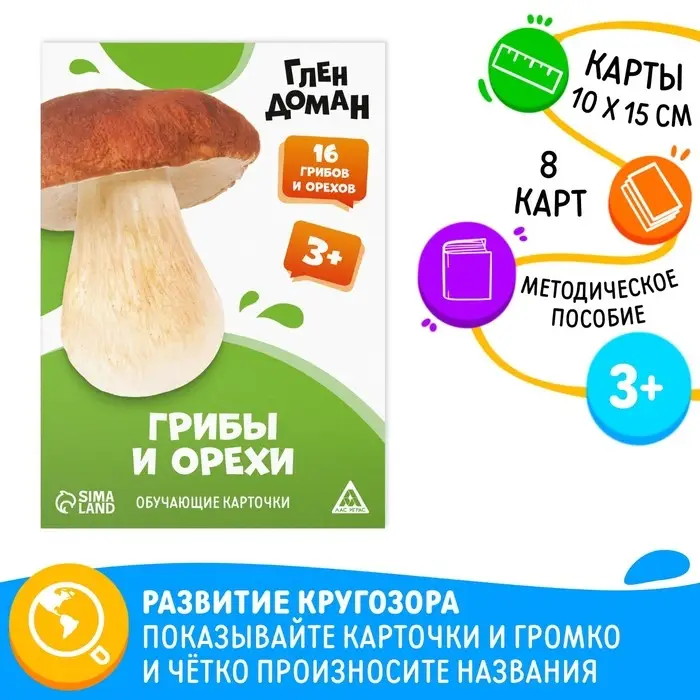 Обучающие карточки по методике Глена Домана «Грибы и орехи», 8 карт, 3+ Обучающие карточки по методике Глена Домана «Грибы и орехи», 8 карт, 3+