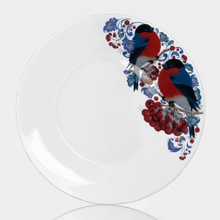 Тарелка стеклянная сервирвочная «Снегири на рябине», d=19,6 см