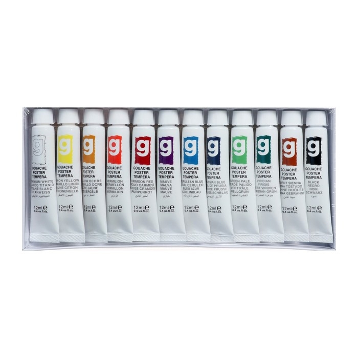 Краски гуашь 12 мл, в металлической тубе, в картонной коробке, 12 цветов Краски гуашь 12 мл, в металлической тубе, в картонной коробке, 12 цветов