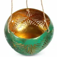 Подсвечник подвесной из кокоса, 12-14 см, тёмно зелёный-золотой