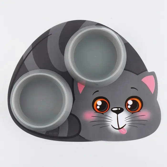 Набор коврик под миску Набор коврик под миску "Вку-у-усно!" + 2 миски пластиковые серые