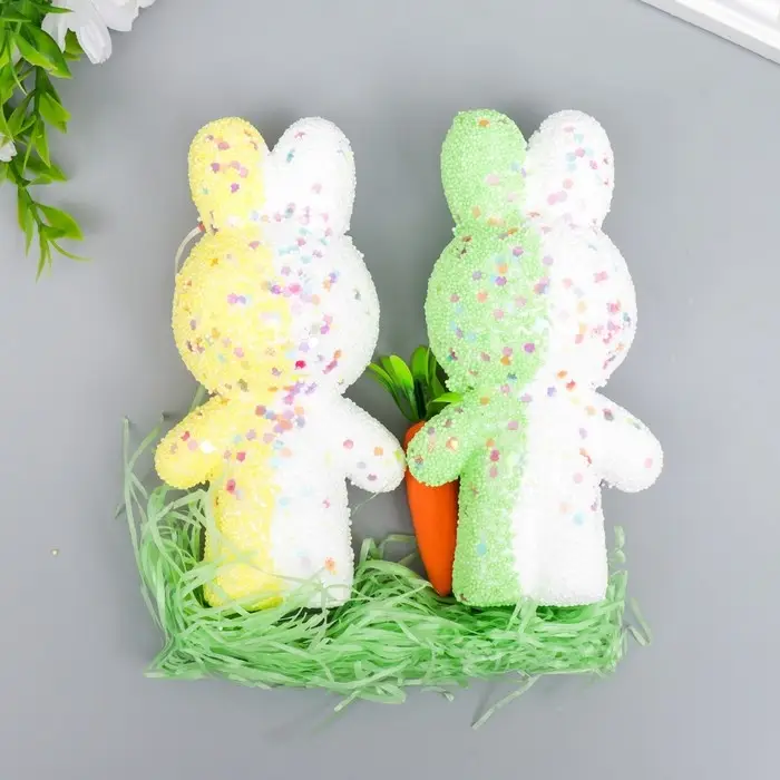 Пасхальный декор «Зайчата в посыпке с морковкой и травкой», набор: жёлтый, зелёный, 12 см, настольная фигурка Пасхальный декор «Зайчата в посыпке с морковкой и травкой», набор: жёлтый, зелёный, 12 см, настольная фигурка