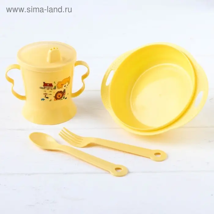 Детская посуда в наборе, 4 предмета: миска, ложка, вилка, поильник с твёрдым носиком 200 мл, цвета МИКС