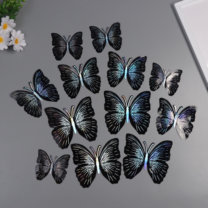 Наклейка пластик Наклейка пластик "Бабочки чёрные с серебром" двойные крылья набор 12 шт 12 см, 10 см 8 см
