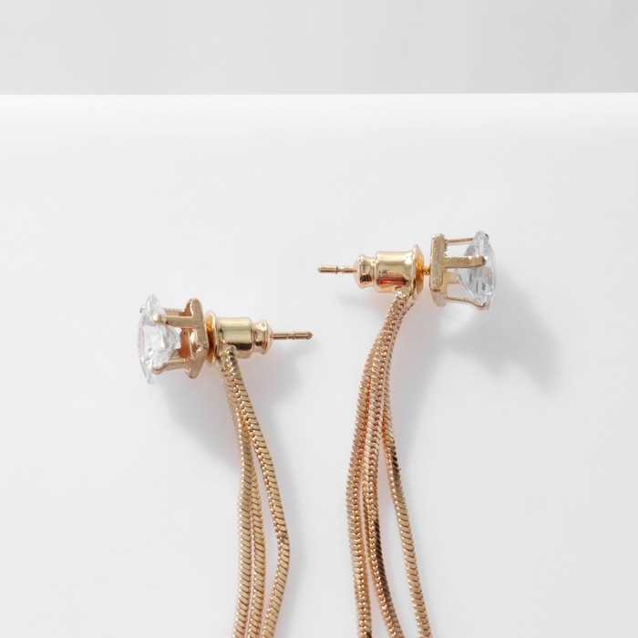 Серьги висячие со стразами «Цепочки» квадрат, цвет белый в золоте