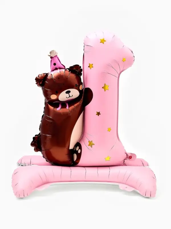 Воздушный шар фольгированный 32" "Цифра 1 с мишкой"  цвет розовый, под воздух