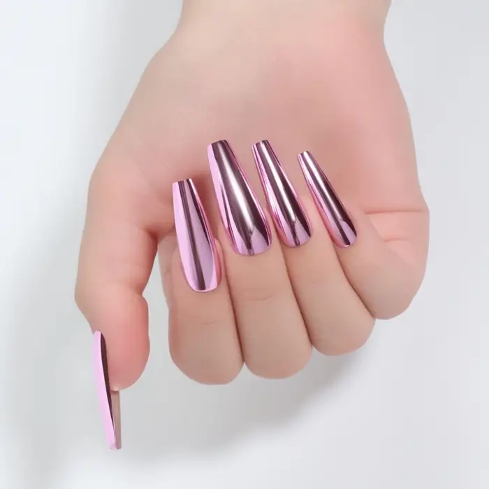 Накладные ногти, 12 шт, с клеевыми пластинами, форма балерина, матовый/хромированный, цвет розовый