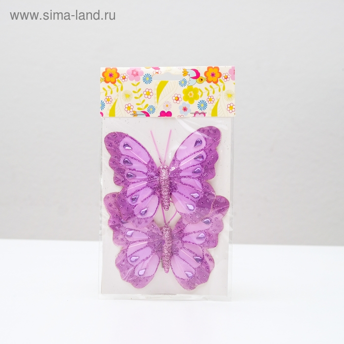 Бабочка для декора и флористики, на прищепке, сиреневая, пластиковая, 1 шт., 9 см