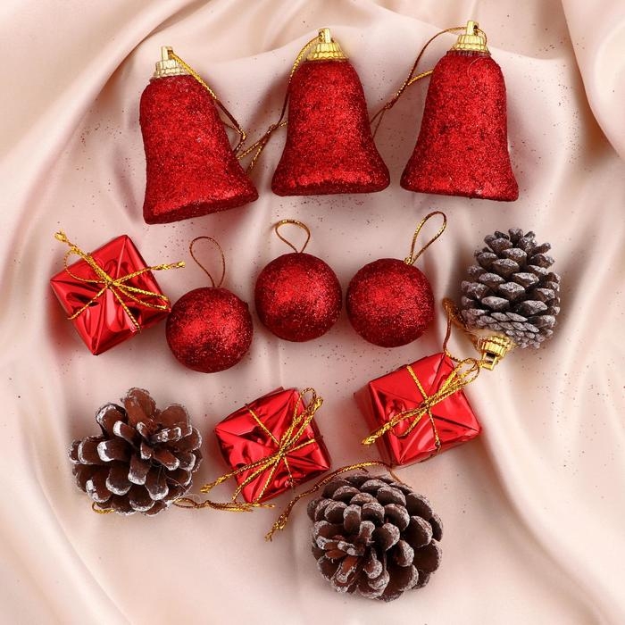 Набор украшений пластик 12 шт Набор украшений пластик 12 шт "Сочельник" (3 шишки, 3 подарка, 3 шара, 3 колокольчиков) микс