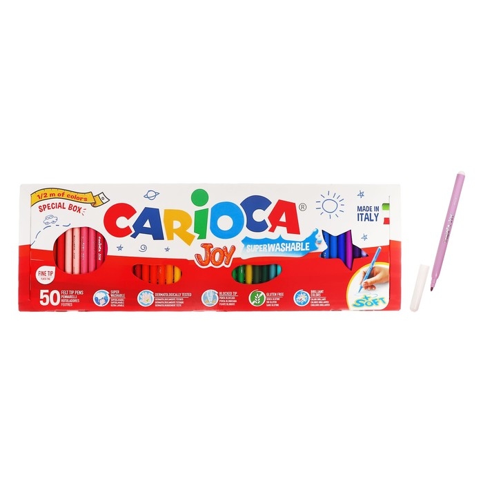 Фломастеры 36 цветов 50 штук, Carioca  Фломастеры 36 цветов 50 штук, Carioca "Joy", тонкий наконечник, стойкие, легко смываемые и нетоксичные чернила, картонный пенал