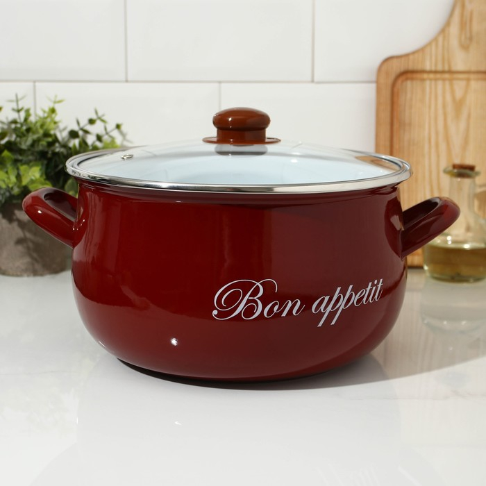 Кастрюля эмалированная «Бордо», 5,7 л, стеклянная крышка, индукция, цвет бордовый Кастрюля эмалированная «Бордо», 5,7 л, стеклянная крышка, индукция, цвет бордовый