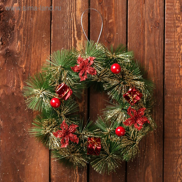 Венок новогодний d-20 см  Венок новогодний d-20 см "Подарочек зелёный с красными цветами"