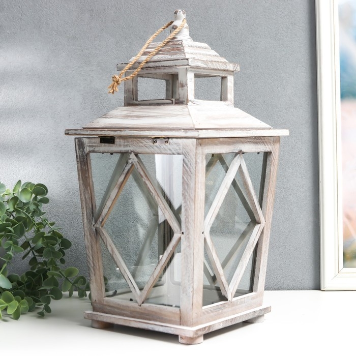 Подсвечник дерево на 1 свечу Подсвечник дерево на 1 свечу "Ромб на фонарике" коричневый состаренный 40х20х17 см