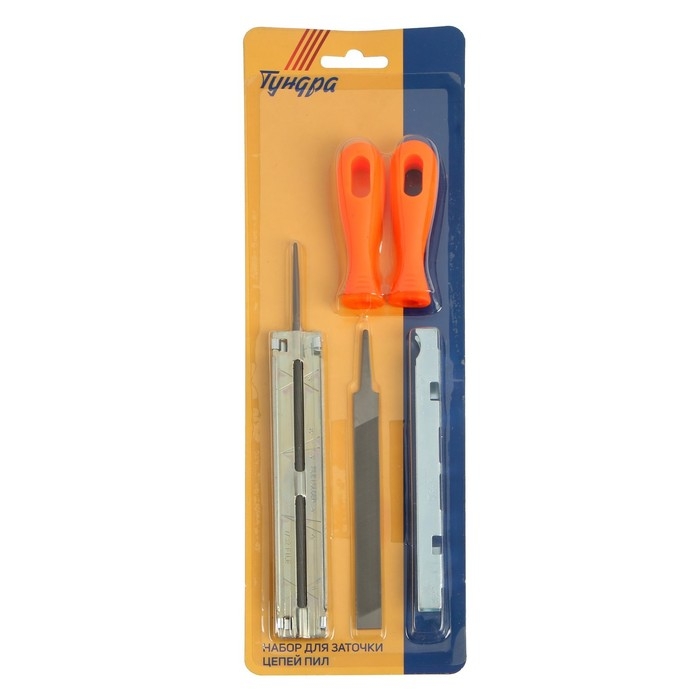 Набор для заточки цепей пил ТУНДРА, сталь ШХ15, шаг 3/8 Набор для заточки цепей пил ТУНДРА, сталь ШХ15, шаг 3/8", паз 1.3-1.6 мм, d=5.5 мм, плашки