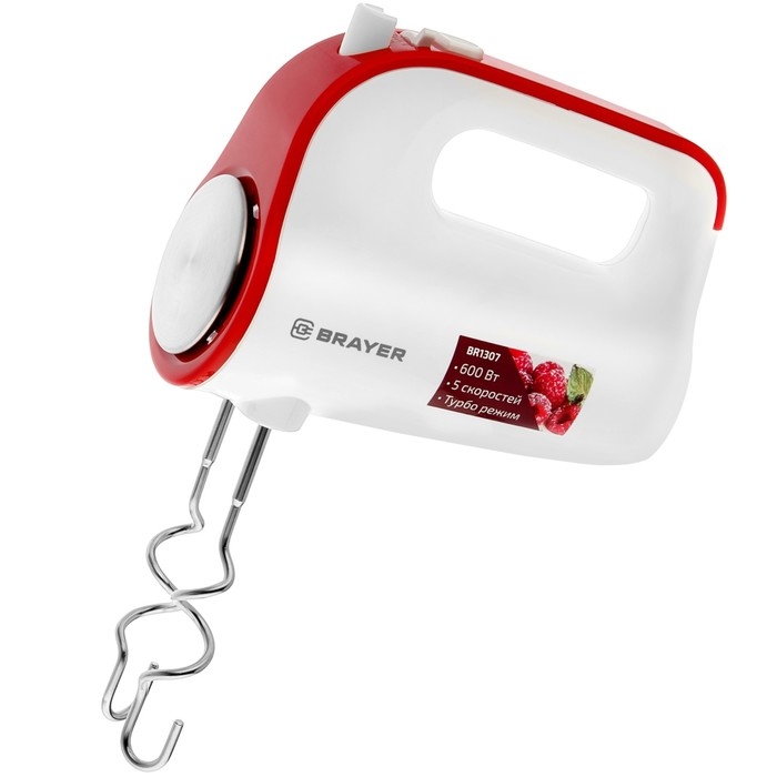 Миксер BRAYER 1307BR, ручной, 600 Вт, 5 скоростей, бело-красный Миксер BRAYER 1307BR, ручной, 600 Вт, 5 скоростей, бело-красный