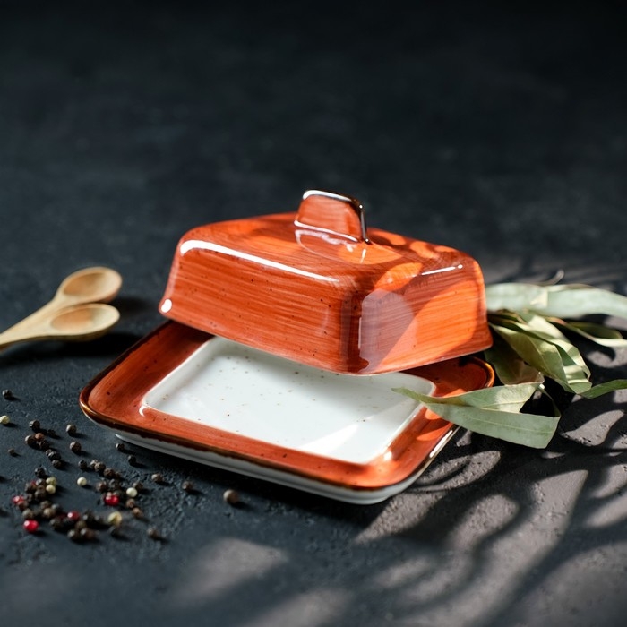 Маслёнка керамическая «Сапфир», 16×12,5×7 см, цвет оранжевый Маслёнка керамическая «Сапфир», 16×12,5×7 см, цвет оранжевый