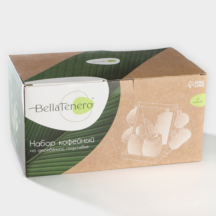 Набор кофейный фарфоровый на бамбуковой подставке BellaTenero, 15 предметов: чайник 850 мл, 6 кружек 70 мл, сахарница с ложкой 300 мл, молочник 250 мл, 6 блюдец, цвет белый Набор кофейный фарфоровый на бамбуковой подставке BellaTenero, 15 предметов: чайник 850 мл, 6 кружек 70 мл, сахарница с ложкой 300 мл, молочник 250 мл, 6 блюдец, цвет белый