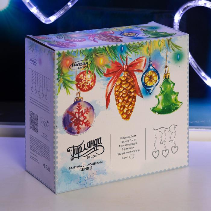 Гирлянда «Бахрома» 2.4 × 0.9 м с насадками «Сердце», IP20, прозрачная нить, 186 LED, свечение белое, 8 режимов, 220 В Гирлянда «Бахрома» 2.4 × 0.9 м с насадками «Сердце», IP20, прозрачная нить, 186 LED, свечение белое, 8 режимов, 220 В