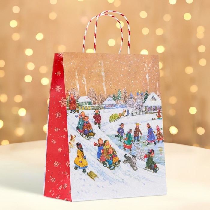 Новый год. Пакет бумажный подарочный новогодний крафт Новый год. Пакет бумажный подарочный новогодний крафт "Новогоднее настроение" 18 х 22,3 х 10 см.