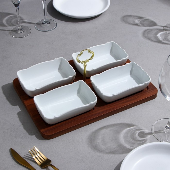 Менажница «Океан», 4 шт: 350 мл, деревянное основание, фарфор, Иран Менажница «Океан», 4 шт: 350 мл, деревянное основание, фарфор, Иран