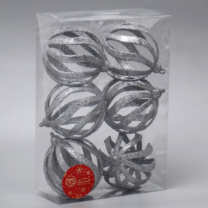 Набор шаров пластик d-8 см, 6 шт Набор шаров пластик d-8 см, 6 шт "Селин" серебро