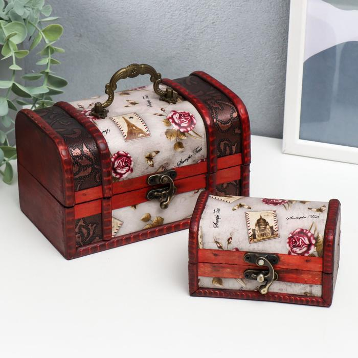 Шкатулка дерево состаренная  Шкатулка дерево состаренная "Розы и марки" набор 2 шт 6,5х11,5х7,5, 10,5х17х10,5 см