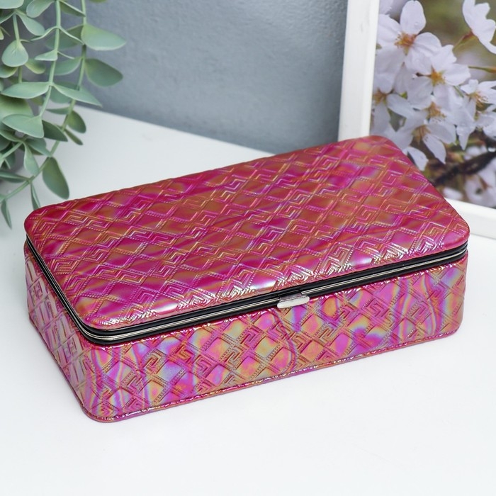 Шкатулка кожзам для украшений  Шкатулка кожзам для украшений "Греческий узор. Фуксия перламутр" 6х9,8х18,5 см