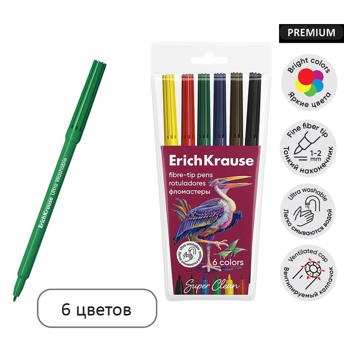 Фломастеры 6 цветов, ErichKrause,  Фломастеры 6 цветов, ErichKrause, "Safari Ultra Washable" микс