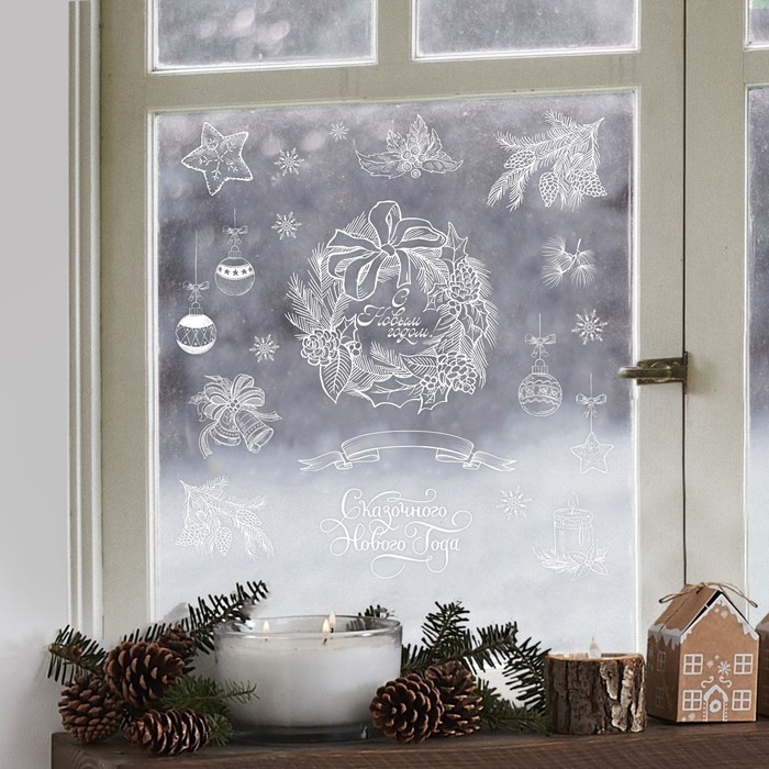 Наклейки новогодние на окна &laquo;Новогодний венок&raquo;, многоразовые, 50 х 70 см, Новый год