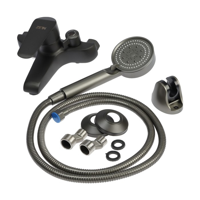 Смеситель для ванны ZEIN Z3856, однорычажный, душевой набор, лейка 5 режимов, графит Смеситель для ванны ZEIN Z3856, однорычажный, душевой набор, лейка 5 режимов, графит