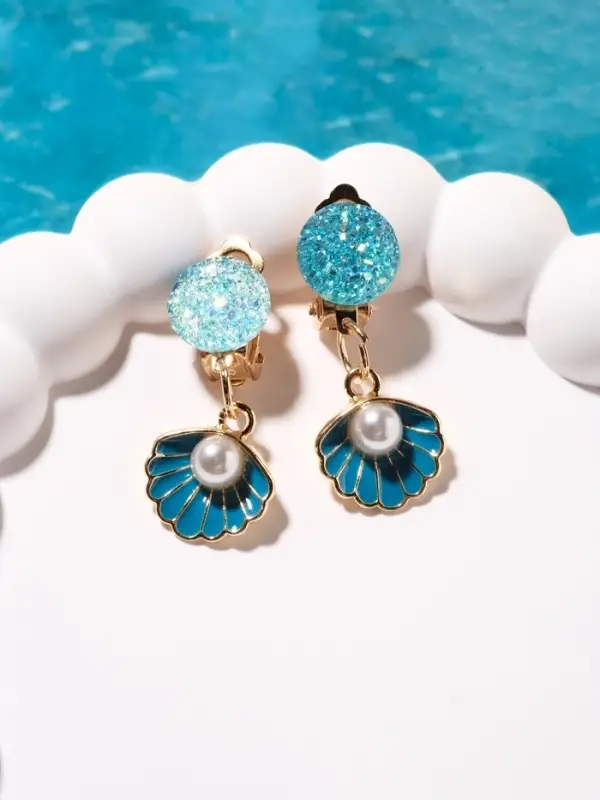 Клипсы детские «Выбражулька» жемчужина в ракушке, цвет голубой Клипсы детские «Выбражулька» жемчужина в ракушке, цвет голубой