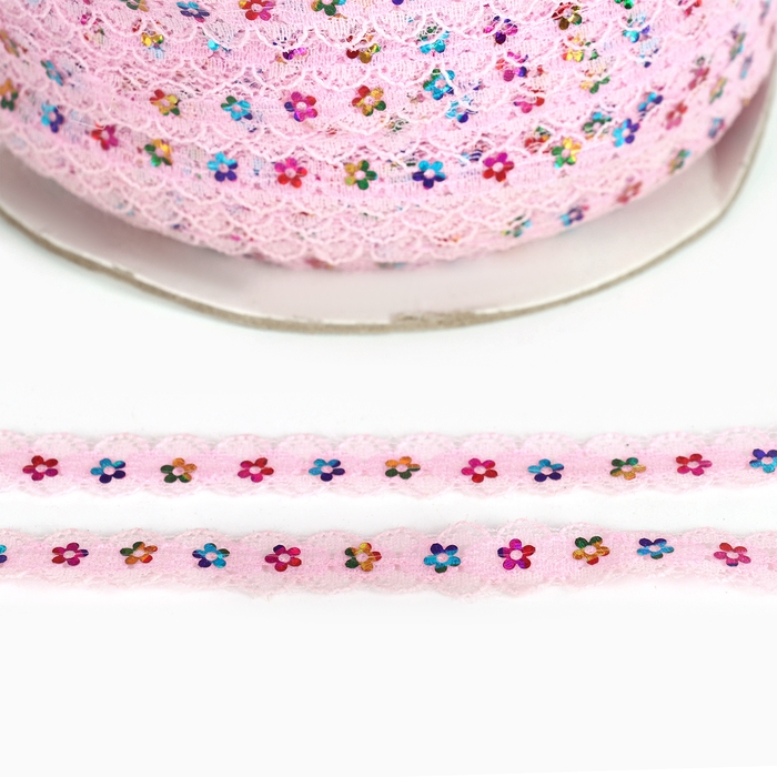 Тесьма гипюровая розовая с пайетками, ширина 1,3 см, по 548 м Тесьма гипюровая розовая с пайетками, ширина 1,3 см, по 548 м