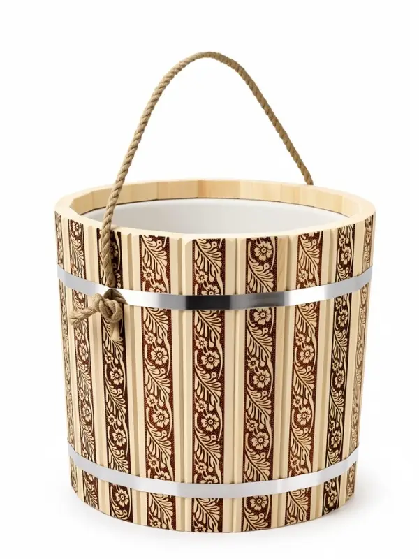 Ведро из липы, 15л,  пластиковая вставка, ручка-веревка "Русские узоры"