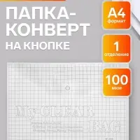 Папка-конверт на кнопке, А4, 80 мкм, &laquo;Клетка&raquo;, прозрачная