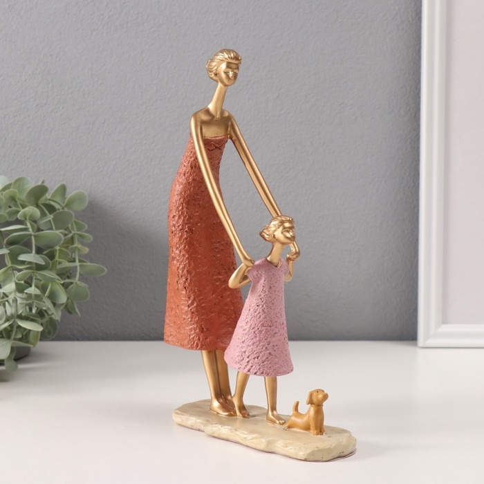 Сувенир полистоун  Сувенир полистоун "Мама с дочкой и с собачкой" оранжево-розовый 5х14х24 см