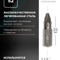 Биты ТУНДРА, намагниченные, сталь S2, PZ2 х 25 мм, 2 шт.
