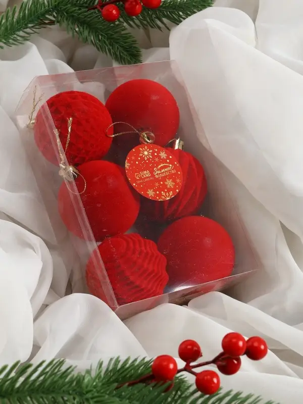 Набор шаров пластик d-6 см, 6 шт Набор шаров пластик d-6 см, 6 шт "Бархат. Время праздника" классик, красный