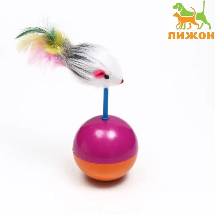 Мышь-неваляшка на шаре, 11&times;6 см, искусственный мех, фиолетовая, оранжевая