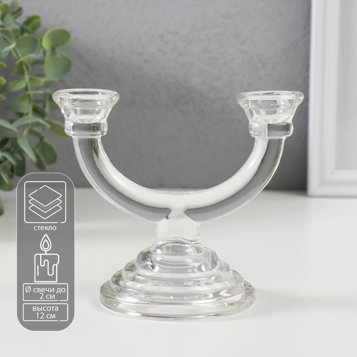 Подсвечник стекло на 2 свечи Подсвечник стекло на 2 свечи "Фраппе" прозрачный 9х14х12 см