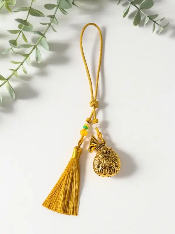 Подвеска металл, текстиль &laquo;Мешок и рыбы с лотосом, с кисточкой&raquo;, золотистый, 1.5&times;5.5&times;14 см