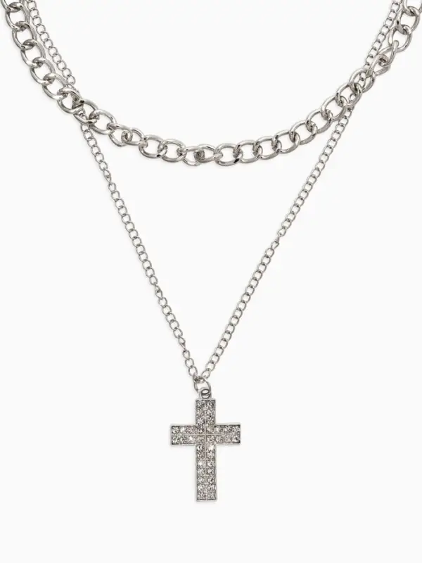 Кулон &laquo;Цепь&raquo;, крест плоский, белый в серебре, 40 см
