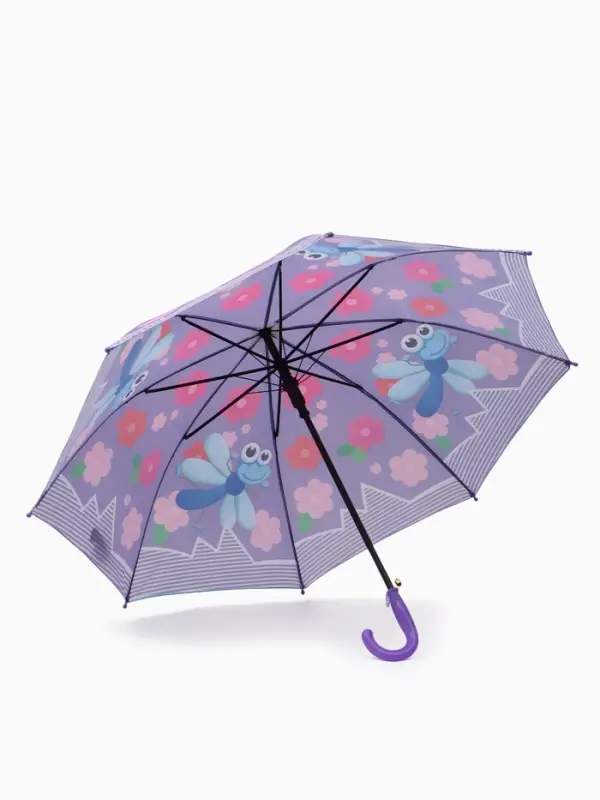 Зонт-трость детский п/авт R43/50 П/Э СТРЕКОЗА ручка-крюк сиреневый пакет