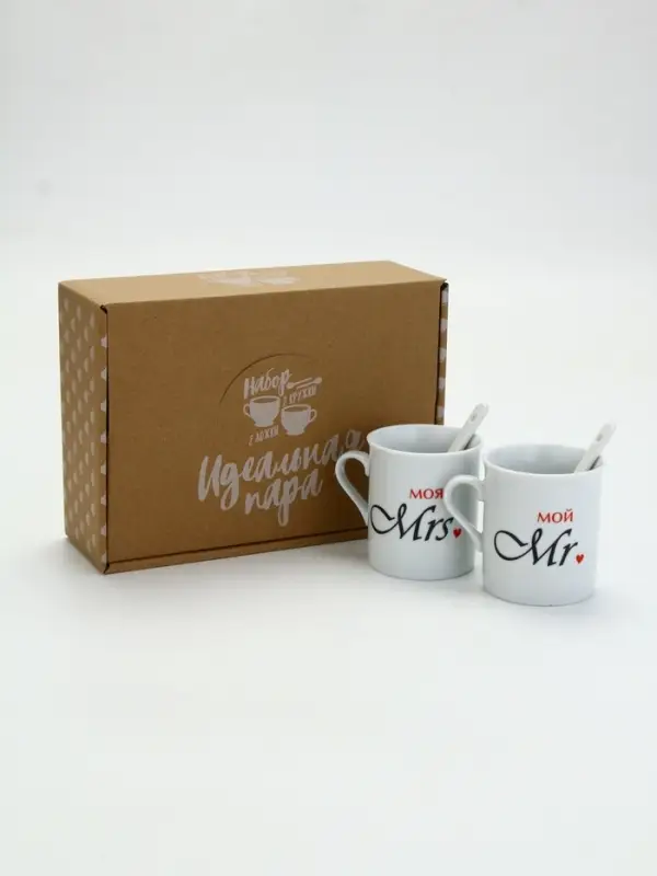 Кружки керамические парные «Мистер и Миссис», 2 шт. по 180 мл., ложка 2 шт.