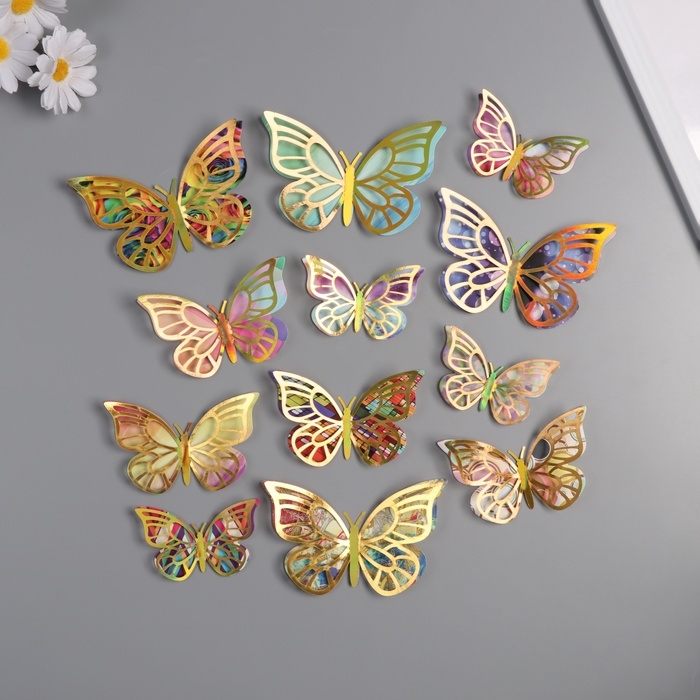 Наклейка бумага, пластик Наклейка бумага, пластик "Бабочки, цветные пятна" золото набор 12 шт 12 см, 10 см 8 см