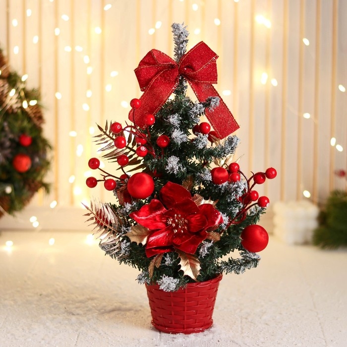 Ёлка декор  Ёлка декор "Праздничная" цветок бантик шары ягоды, 16х35 см, красный
