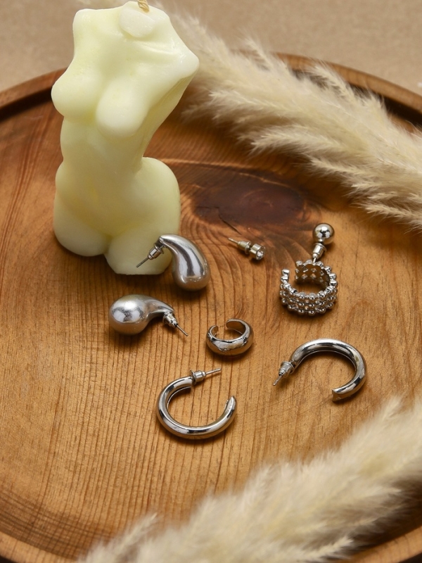 Набор серьги и каффы 8 шт «Кольца» капли, цвет серебро