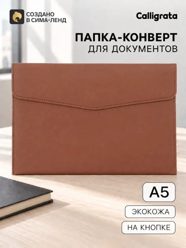 Папка-конверт на кнопке, формат А5, кожзам, коричневая